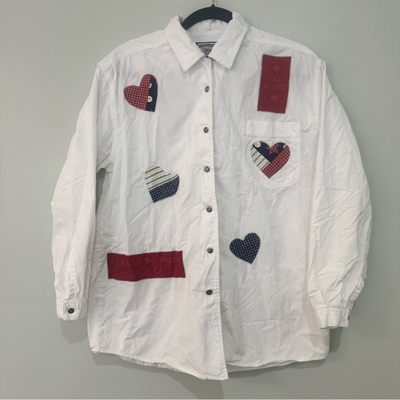 Lee Tops - Vintage Authentic Lee Button Front Shirt Patriotic USA Hearts Flag Size Medium